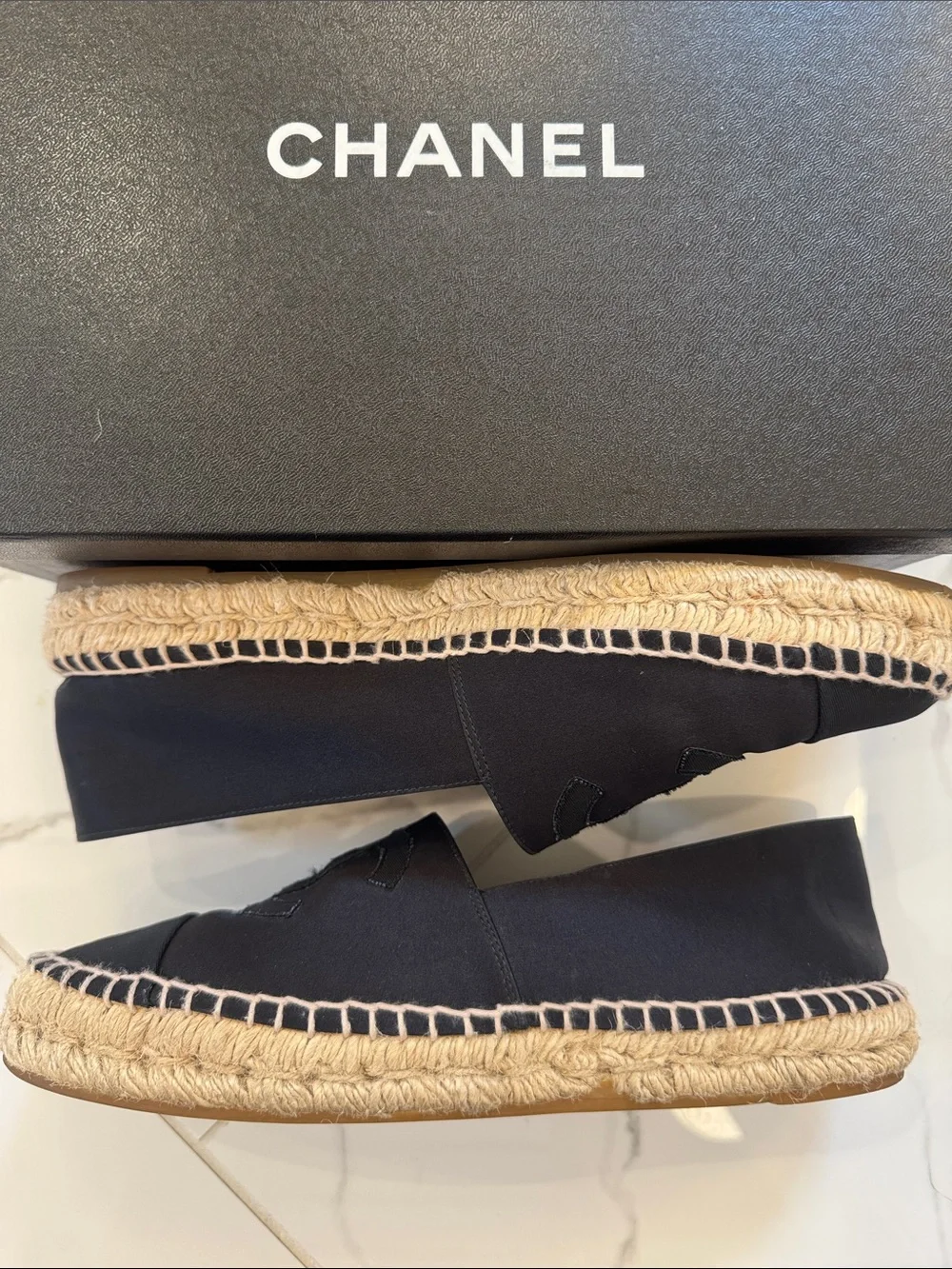 CHANEL Black Espadrille Slip-On Loafers with Interlocking CC